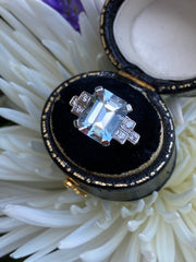 Art Deco Style Aquamarine and Diamond Ring Platinum 0.15ct + 3.30ct