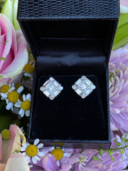 Art Deco Diamond Cluster Stud Earrings 1.80ct 18ct White Gold