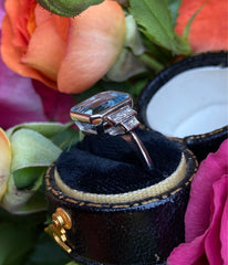 Art Deco Aquamarine and Diamond Platinum Ring 0.25ct + 3.50ct