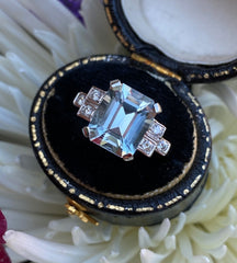 Art Deco Style Aquamarine and Diamond Ring Platinum 0.15ct + 3.30ct
