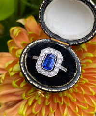 Art Deco Sapphire and Old Cut Diamond Cluster Ring Platinum 1.05ct + 0.50ct