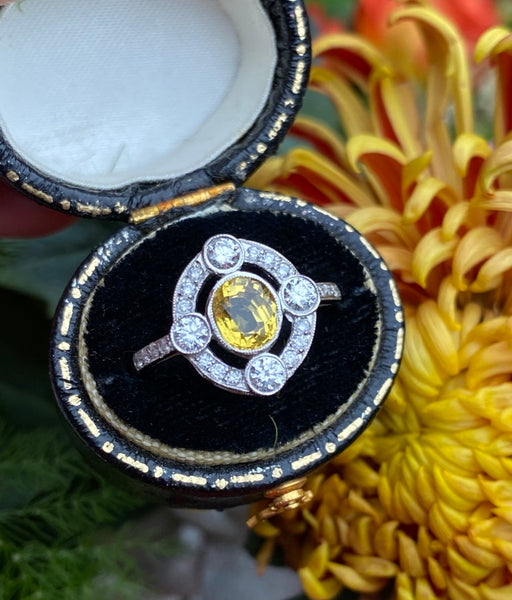Art Deco Yellow Sapphire and Diamond Platinum Ring 0.40ct + 1.05ct