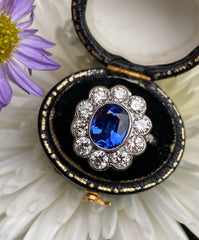 Victorian Sapphire and Diamond Cluster Platinum Ring 1.60ct + 2.45ct