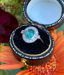 Art Deco Emerald and Diamond Cluster Ring Platinum 0.40ct + 0.80ct Emerald