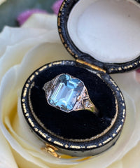 Art Deco Style Aquamarine and Diamond Ring Platinum 0.12ct + 2.0ct