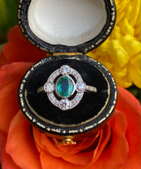 Art Deco Emerald and Diamond Platinum Ring 0.50ct + 0.60ct
