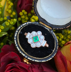 Victorian Emerald and Diamond Platinum Ring 0.65ct + 0.20ct