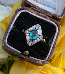 Art Deco Emerald and Diamond 18ct Yellow Gold Ring 0.35ct + 0.80ct