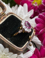 Victorian Pink Sapphire & Diamond Cluster 18ct Yellow Gold Ring 0.90ct + 1.25ct