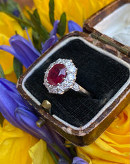 Victorian Style Ruby and Diamond Cluster Platinum Ring 0.90ct + 1.38ct