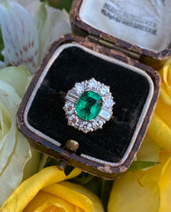 Art Deco Emerald and Diamond Cluster Ring 18ct Yellow Gold 1.40ct + 1.86ct