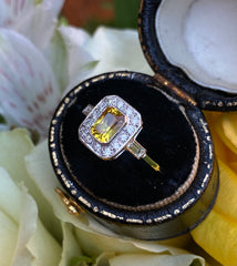 Art Deco Yellow Sapphire & Diamond Cluster Ring Platinum 0.25ct + 0.75ct