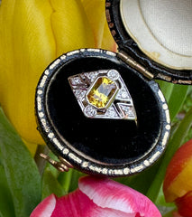 Art Deco Yellow Sapphire and Diamond 18ct Yellow Gold Ring 0.20ct + 0.90ct