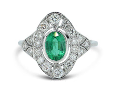 Art Deco Emerald and Diamond Platinum Ring 0.50ct + 0.70ct