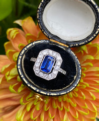 Art Deco Sapphire and Old Cut Diamond Cluster Ring Platinum 1.05ct + 0.50ct