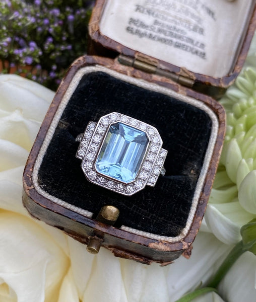 Art Deco Aquamarine and Diamond Cluster Platinum Ring 0.60ct + 3.0ct