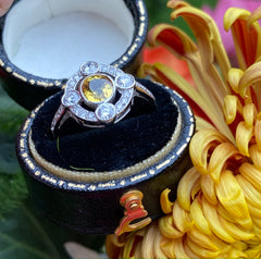 Art Deco Yellow Sapphire and Diamond Platinum Ring 0.40ct + 1.05ct