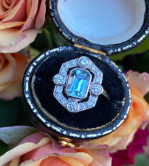 Art Deco Aquamarine and Diamond Cluster Platinum Ring 0.50ct + 0.90ct