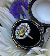 Art Deco Yellow Sapphire and Diamond Cluster Platinum Ring 0.50ct + 1.50ct