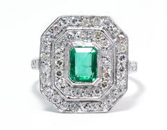 Art Deco Emerald and Diamond Platinum Ring 0.60ct + 0.60ct