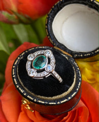 Art Deco Emerald and Diamond Platinum Ring 0.50ct + 0.60ct