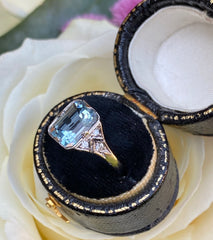 Art Deco Style Aquamarine and Diamond Ring Platinum 0.12ct + 2.0ct