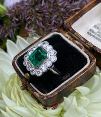 Emerald and Diamond Cluster Platinum Ring 1.50ct + 2.60ct