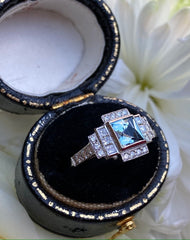 Art Deco Aquamarine and Diamond Ring Platinum 0.30ct + 0.70ct
